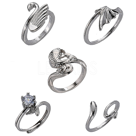 SUNNYCLUE 10pcs 5 style Wing & Flower & Swan & Fish Alloy Cuff Rings Sets RJEW-SC0001-17-1