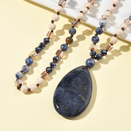 Natural Sodalite Teardrop Pendant Glass Beaded Long Necklaces GG-CBAE048-01B-1