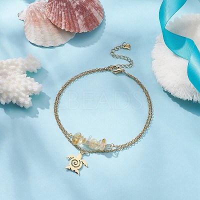 Natural Citrine Chips Beaded & Turtle Charms Double Layer Multi-strand Bracelet AJEW-AN00511-05-1