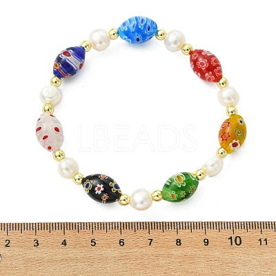 Handmade Millefiori Glass & Natural Cultured Freshwater Pearl Beads Stretch Bracelets for Women BJEW-JB13848-1