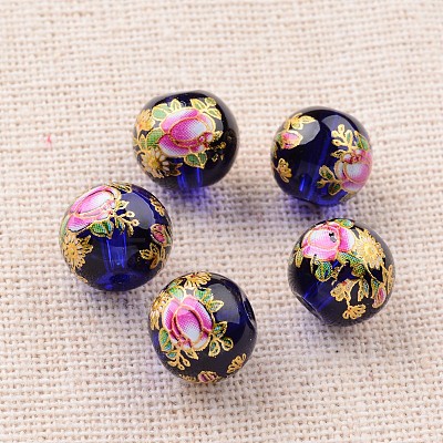 Flower Picture Printed Glass Round Beads GLAA-J087-10mm-A06-1