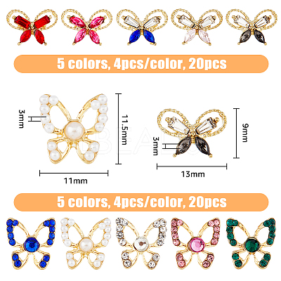 40Pcs 10 Style Butterfly Alloy Rhinestone Cabochons MRMJ-HY0002-38-1