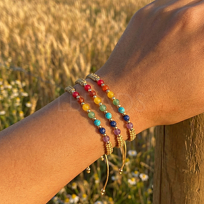 3Pcs Adjustable Chakra Natural & Synthetic Mixed Stone Round Bead Braided Bracelet Sets ZZ4943-3-1
