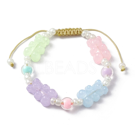 Adjustable Acrylic Bear & Glass Pearl Braided Bead Bracelets BJEW-JB10100-1