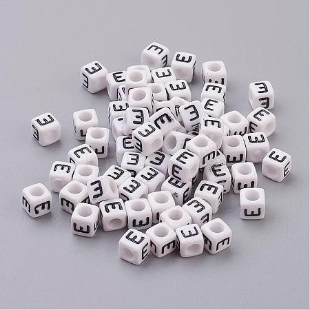 White Letter E Cube Acrylic Beads X-PL37C9308-E-1