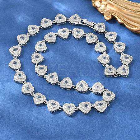 Brass Pave Clear Cubic Zirconia Heart Tennis Necklaces KK-CBA4547-17A-P-1