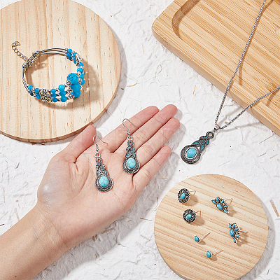 Synthetic Turquoise Pendant Necklace & Bracelet & Earrings Set SJEW-FI0001-15-1