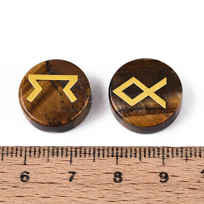 Brass Elder Futhark Alphabet Engraved Symbol Flat Round Natural Tiger Eye Rune Stones G-I373-01L-1