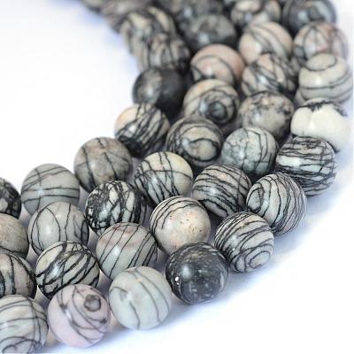 Natural Black Silk Stone/Netstone Round Bead Strands G-E334-6mm-05-1