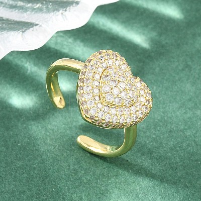 Heart Brass Micro Pave Cubic Zirconia Cuff Open Rings for Women CU-CBA0A21-01G-02-1