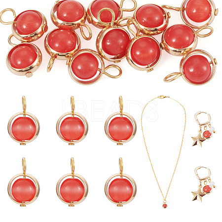 12Pcs Brass & Glass Imitation Cat Eye Round Charms PALLOY-TAC0237-05-1