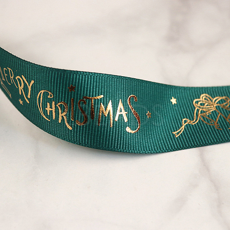 25 Yards Flat Christmas Bell Printed Polyester Grosgrain Ribbons XMAS-PW0001-182B-1