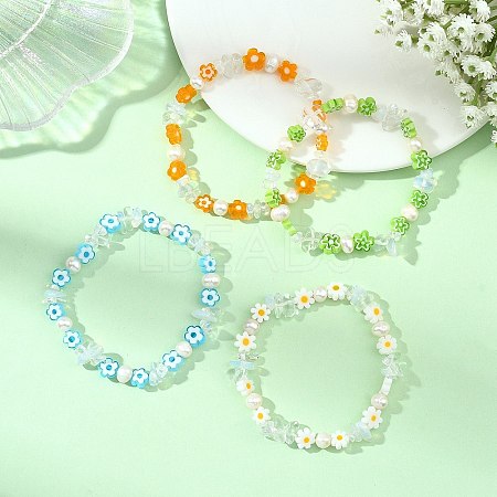 Handmade Millefiori Glass & Opalite & Natural Cultured Freshwater Pearl Beaded Stretch Bracelets for Women BJEW-JB13945-1