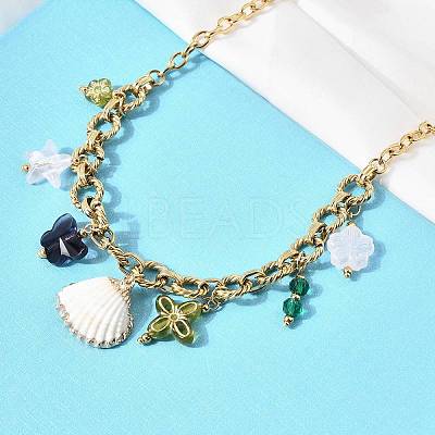 Electroplated Natural Shell & Glass Flower Butterfly Pendant 304 Staniless Steel Chain Necklaces for Women NJEW-A063-14G-1