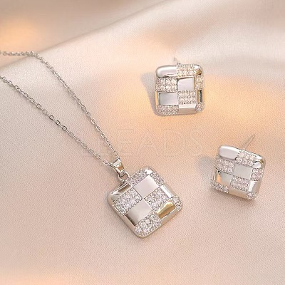 Square 304 Stainless Steel Crystal Rhinestone Pendant Necklaces & Stud Earrings Sets FS-WGB49B1-01-1