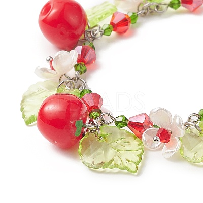 Teacher's Day Theme Resin Apple Charm Bracelets with Acrylic Leaf & Plastic Flower BJEW-JB09209-1
