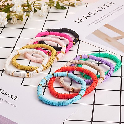 10Pcs 10 Colors Polymer Clay Heishi Beaded Stretch Bracelets BJEW-PH01445-1