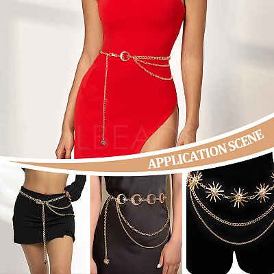 2Pcs 2 Styles Moon Sun Alloy Link Waist Body Chains AJEW-UN0002-20G-1
