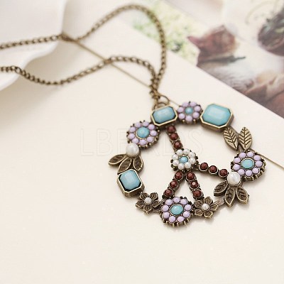 Bohemian Flower Peace Sign Alloy & Glass & Plastic Pearl Pendant Necklaces FS-WG15A32-02-1