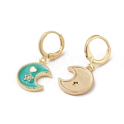 Moon & Star Golden Brass Dangle Leverback Earrings EJEW-L268-029G-03-1