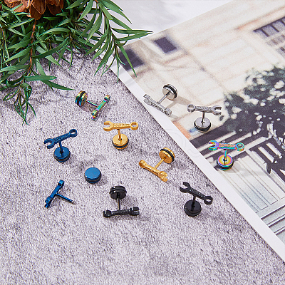 10Pcs 5 Colors Stainless Steel Spanner Tool Stud Earrings for Men EJEW-FI0001-82-1