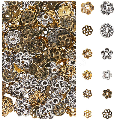 360Pcs 12 Styles Tibetan Style Alloy Bead Caps TIBE-SC0002-30-1
