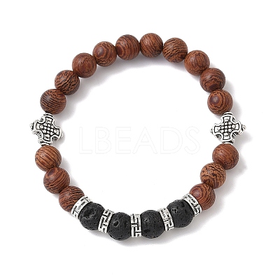 2Pcs 2 Styles Natural Lava Rock & Wood Round Beaded Stretch Bracelets Sets for Men Women BJEW-JB12352-1