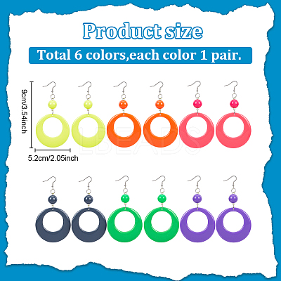 6 Pairs 6 Colors Donut Resin Dangle Earrings with Iron Pins for Women EJEW-AN0004-14-1