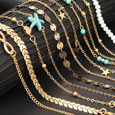 10Pcs Beach Style Alloy & Synthetic Turquoise & Resin Link Anklets WGF01BA-01-1