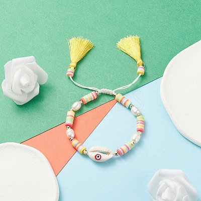 Natual Shell with Evil Eye & Pearl Braided Bead Bracelet BJEW-TA00049-01-1