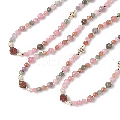 Natural Agate & Pearl & Natural Rose Quartz Beaded Necklaces NJEW-L119-08G-1