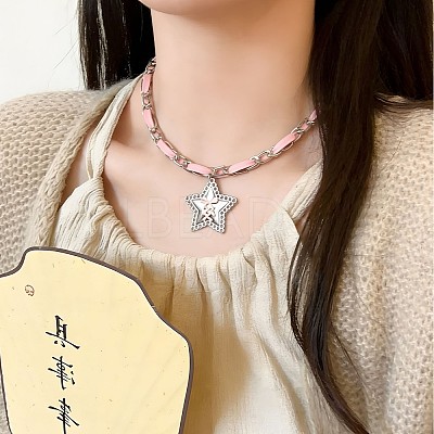 Alloy Enamel Star Pendant Pink PU Leather & Metal Chain Necklaces for Women WG963A2-01-1