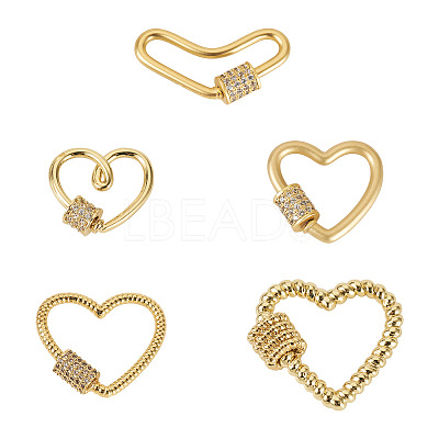 5Pcs 5 Style Brass Micro Pave Clear Cubic Zirconia Screw Carabiner Lock Charms ZIRC-TA0002-17-1