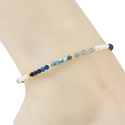 Gradient Faceted Round Natural Mixed Stone & Potato Natural Pearl Beaded Anklets AJEW-AN00873-03-1