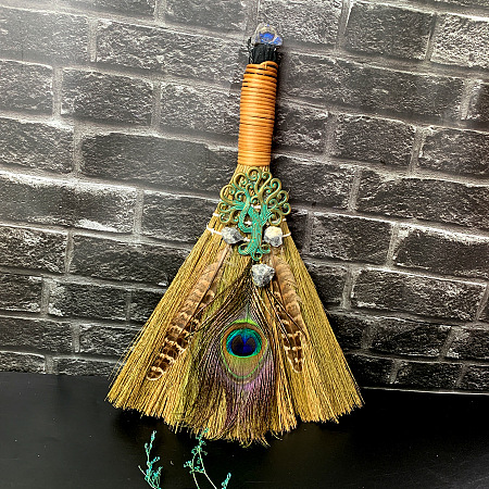 Straw Witch Altar Broom Display Decoration with Raw Natural Labradorite Chips WG15595-05-1