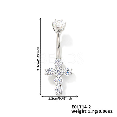 Elegant and Stylish Cross Brass Rhinestone Belly Rings Curved Barbell UZ1894-2-1