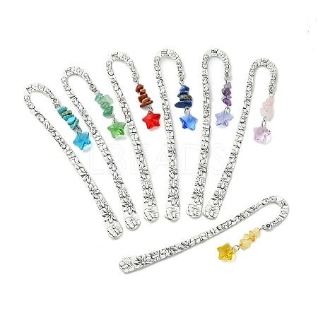 7Pcs Chakra Natural & Synthetic Gemstone Chip & Star Glass Charm Bookmarks AJEW-JK00328-1