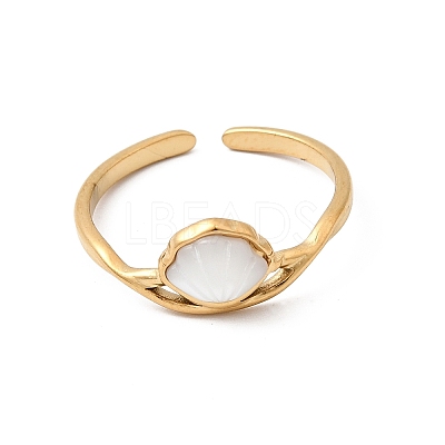304 Stainless Steel & Natural Shell Cuff Rings for Women RJEW-G372-01G-08-1