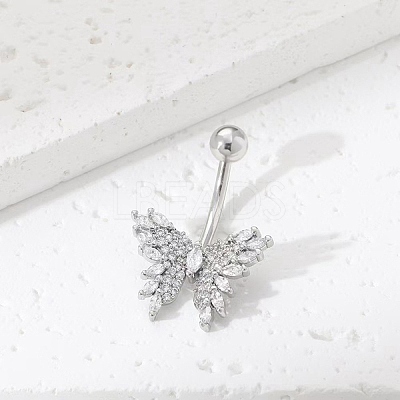 Brass Pave Clear Cubic Zirconia Curved Barbell Butterfly Belly Rings AJEW-L099-01A-P-1