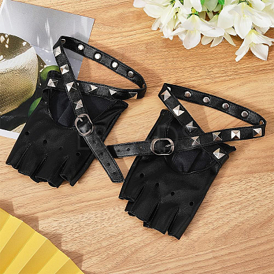 2 Pairs PU Leather Biker Punk Gloves with Belt AJEW-CL0003-02-1