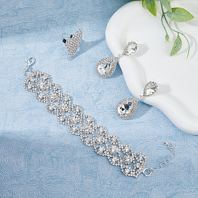 Crystal Rhinestone Teardrop Dangle Stud Earrings & Chain Bracelet & Rhombus Adjustable Ring SJEW-FI0001-19-1