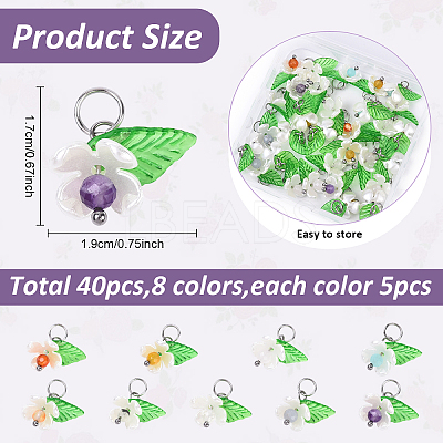 40Pcs 8 Colors Natural Mixed Gemstone & ABS Plastic Imitation Pearl & Acrylic Leaf Pendants PALLOY-YW00095-1