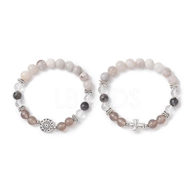 2Pcs Round Natural Quartz Crystal & Grey Agate & Larvikite & White Crazy Lace Agate Beads Stretch Bracelets BJEW-JB13000-1