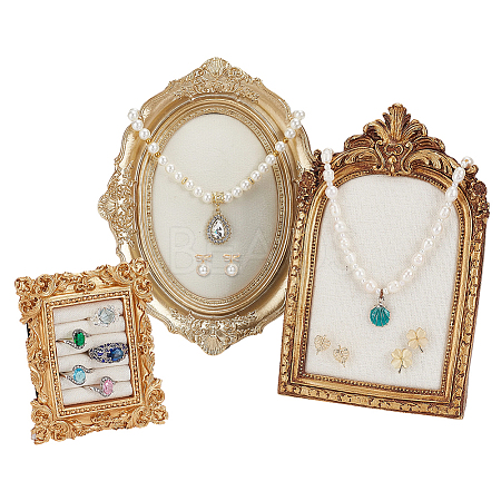 3Pcs 3 Styles Resin & Linen Photo Frame Jewelry Necklace Display Stands ODIS-OC0001-97-1