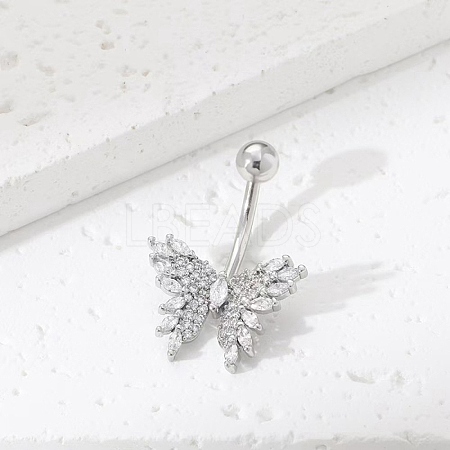 Brass Pave Clear Cubic Zirconia Curved Barbell Butterfly Belly Rings AJEW-L099-01A-P-1