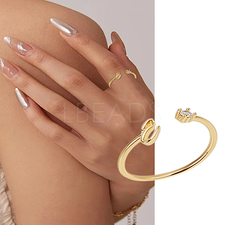 1Pc Letter Brass Rhinestone Open Cuff Rings for Women AJEW-LP0004-47E-G-1