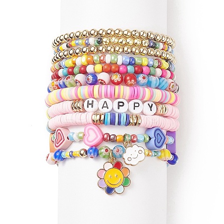 11Pcs 10 Style Synthetic Turquoise(Dyed) & Hematite & Millefiori Glass Stretch Bracelets Set with Word Happy Beaded BJEW-JB08832-1