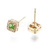 Green Glass Square Stud Earrings with Cubic Zirconia EJEW-G321-08G-2