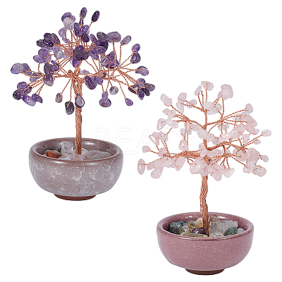 2Pcs 2 Styles Natural Amethyst & Rose Quartz Chips Tree of Life Decorations AJEW-OC0014-06B-1