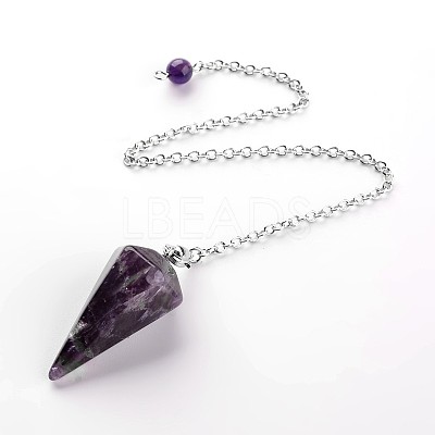 Platinum Tone Brass Amethyst Cone Hexagonal Pointed Dowsing Pendulums MAK-M015-01B-1